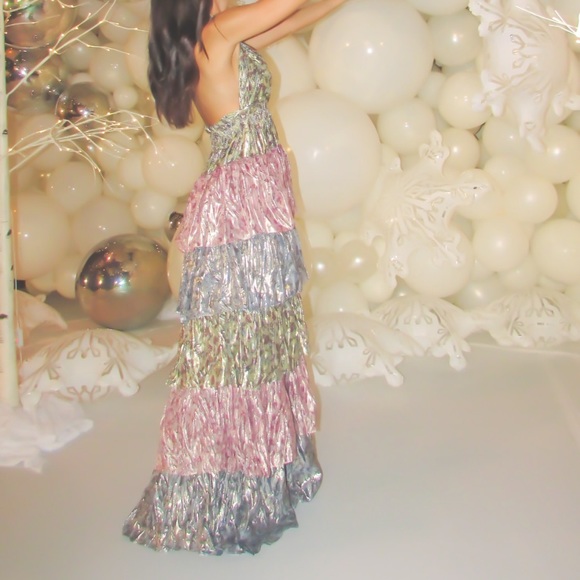 LOVESHACKFANCY Clarissa tiered metallic halter gown - Picture 5 of 10